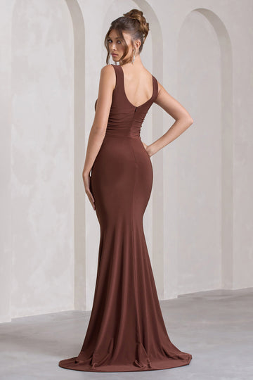 My Presence Chocolate Brown Low-Back Fishtail Split Maxi Dress